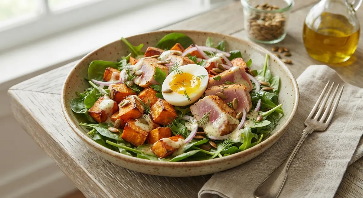 Tuna Warm Sweet Potato Soft Boiled Egg Salad